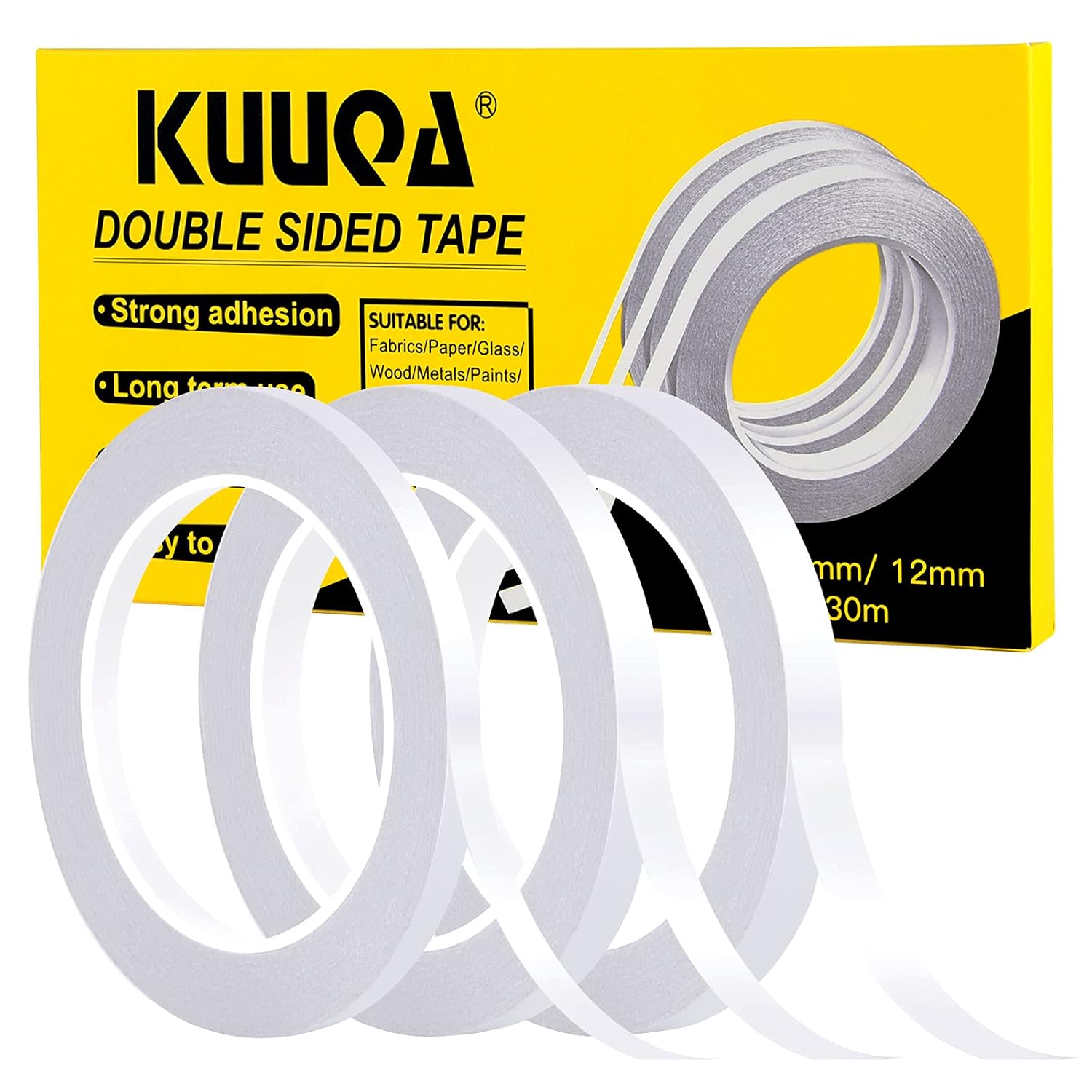 Packung Mit 3 Rollen Kuuqa Doppelseitigem Klebeband, Starker Klebstoff Für Büro Und Kreative Hobbys, 30 Meter Lang Und Breit (6 Mm/9 Mm/12 Mm).