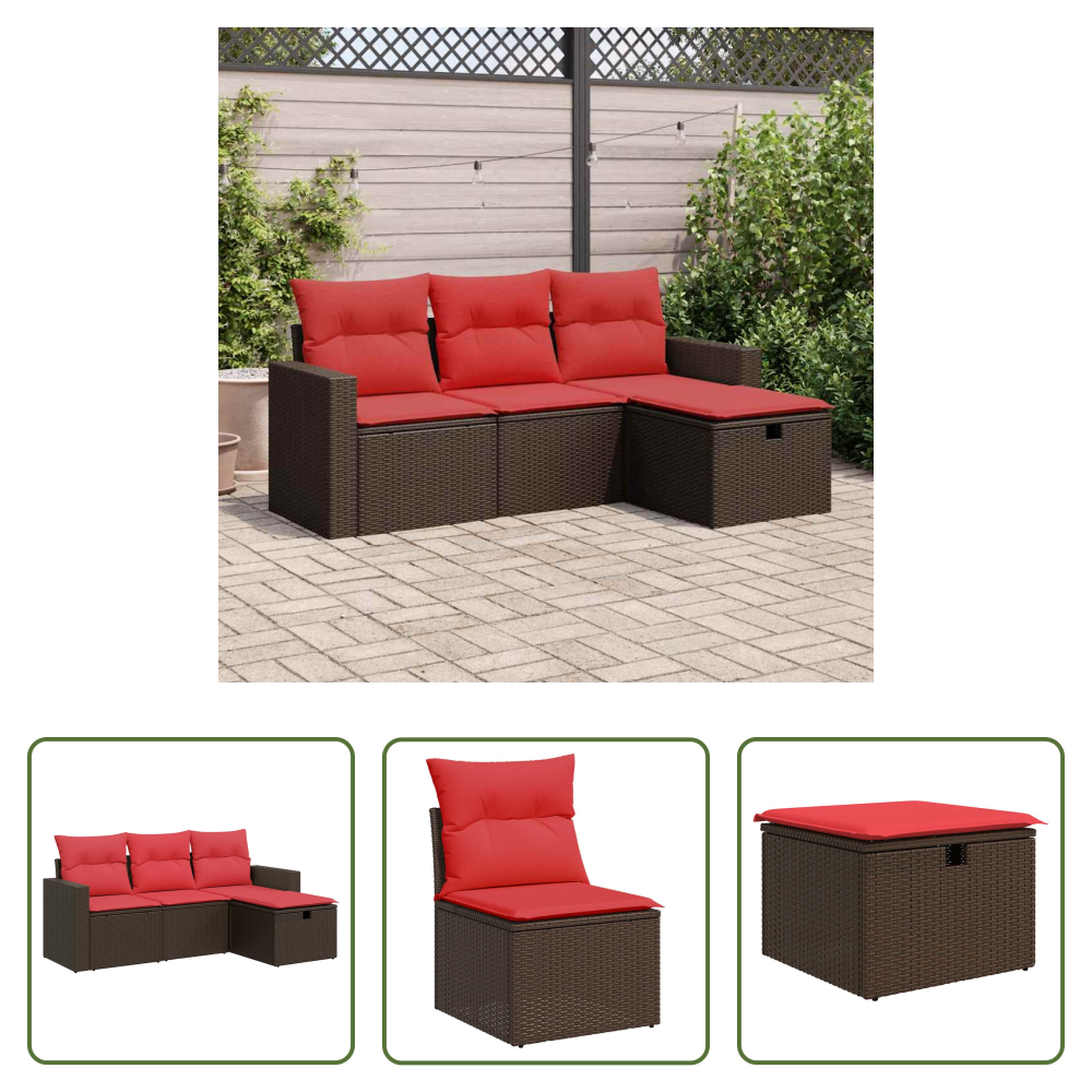 Vidaxl Rattan - 4-tlg. Garten-sofagarnitur Mit Kissen Braun Poly Rattan