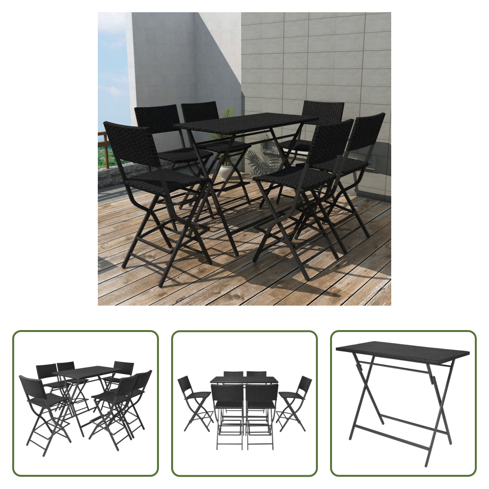 Vidaxl Klappbarer Tisch - 7-tlg. Garten-essgruppe Klappbar Stahl Poly Rattan Schwarz
