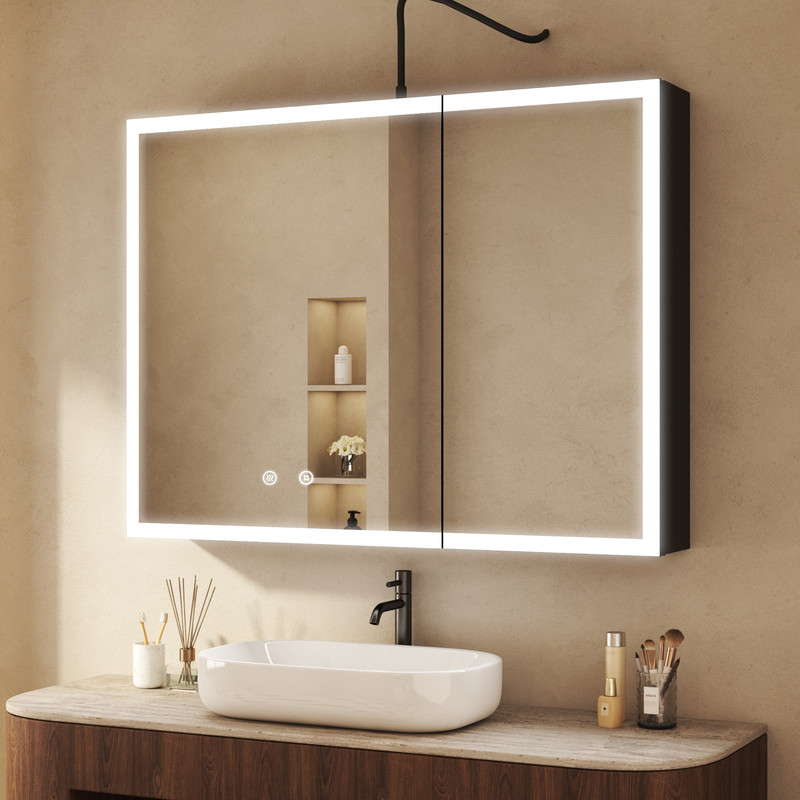 80x60x13,5cm Led Spiegelschrank Bad Mit Beleuchtung, Spiegelschrank Schwarz Mit Beleuchtung Badezimmerschrank Mit Spiegel Hängeschränke Bad Mit 3 Einstellbare Lichtfarben, Beschlagfrei
