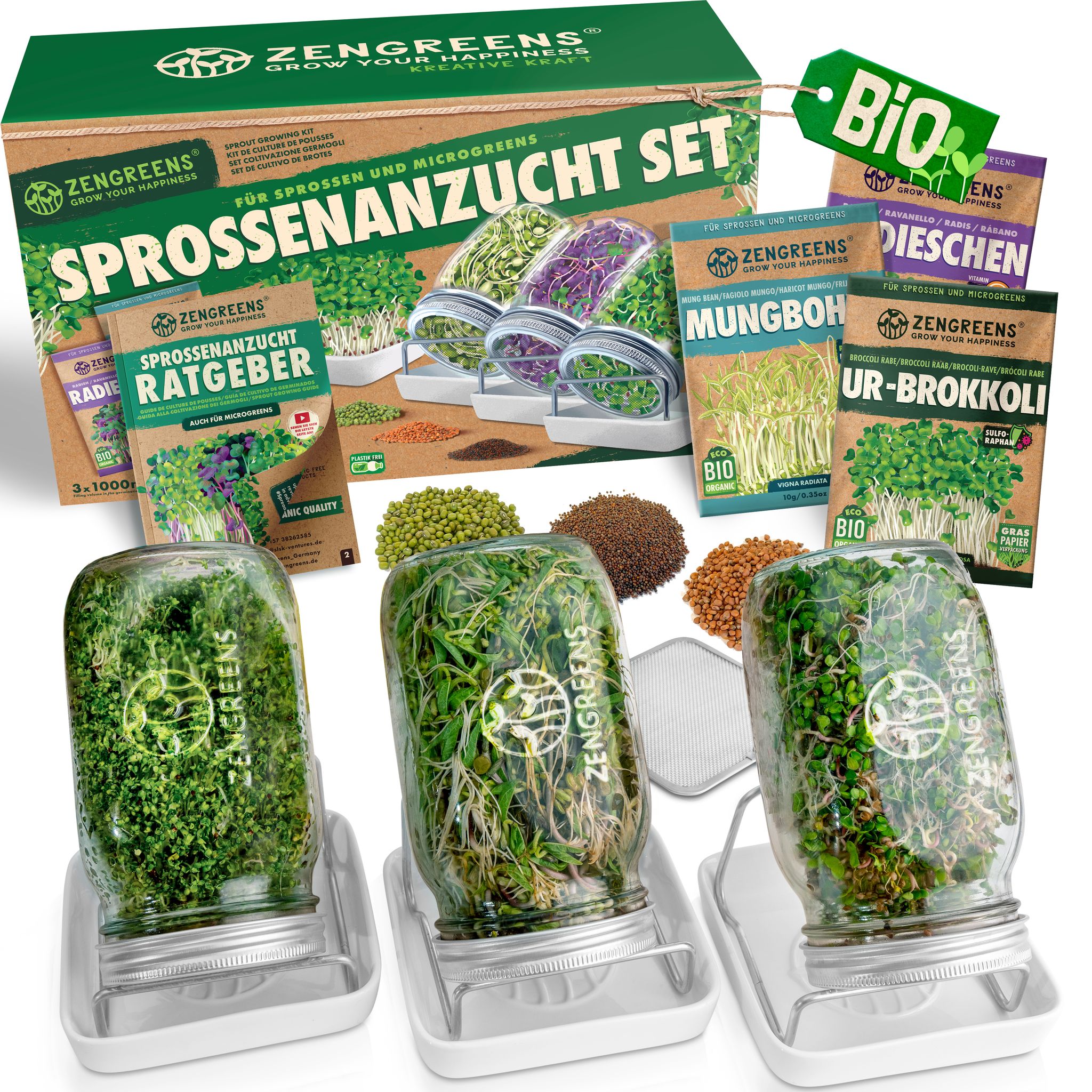 Keimglas Set 3 Gläser 1 L Mit Ständern Schalen Und Bio Keimsaat