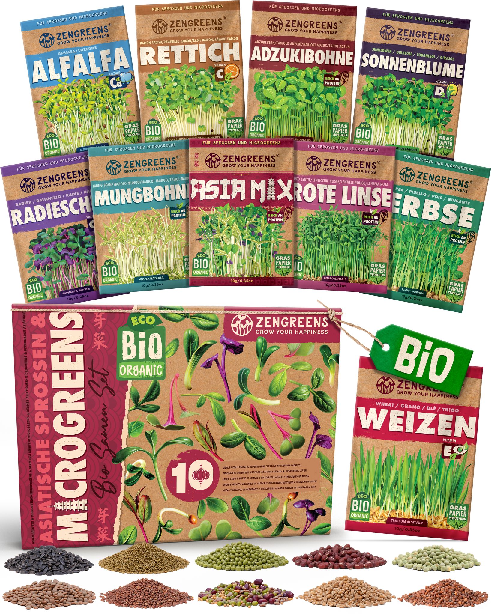 Bio Sprossensamen Set Asia 10 Sorten Keimsaat Zengreens