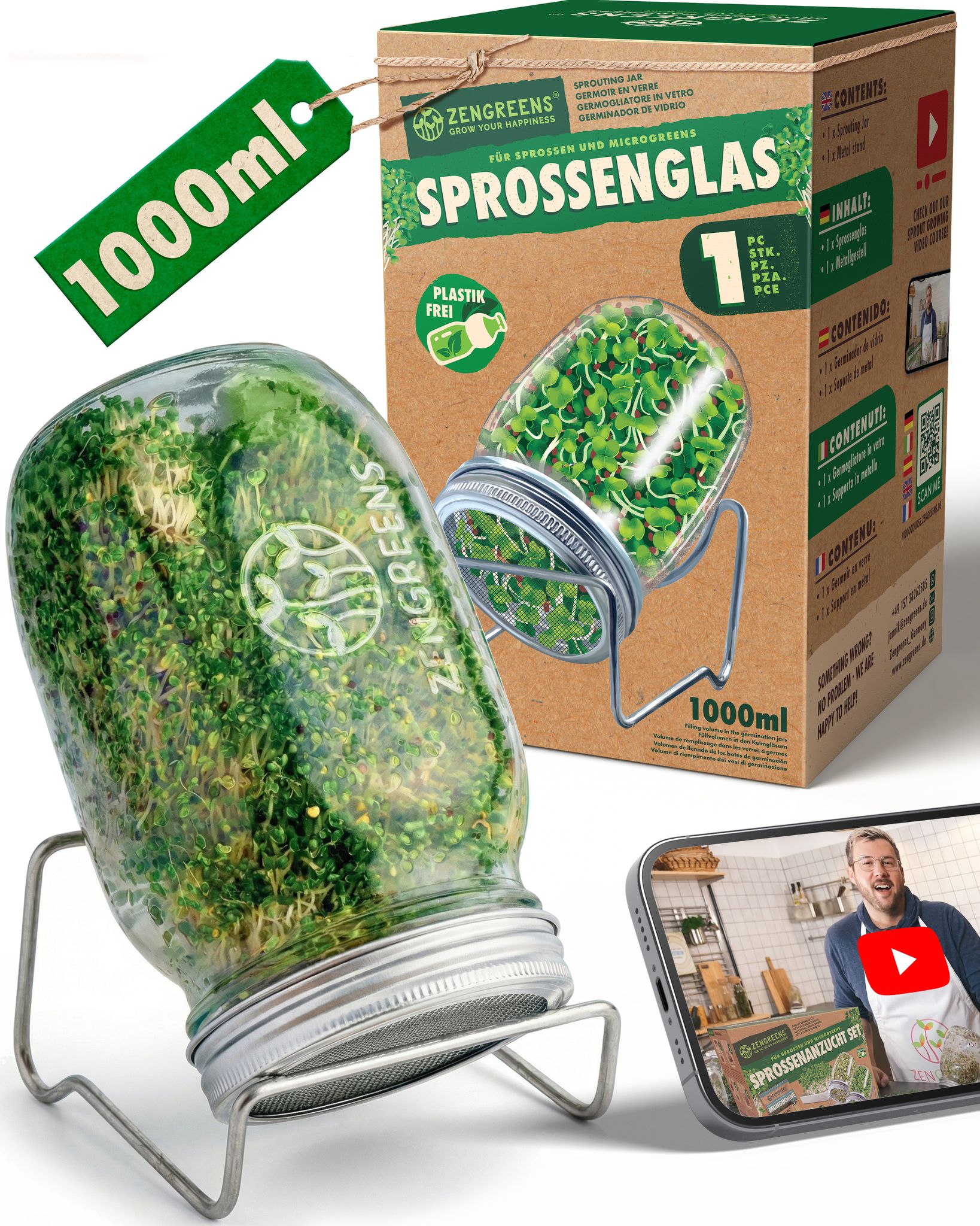 Keimglas 1 L Mit Siebdeckel Und Edelstahl Ständer Sprossenglas