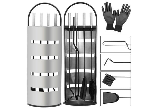 Mucola - Kaminbesteck Kamingarnitur + Handschuh 6-tlg Kaminzubehör Silber Kaminwerkzeuge Kaminreinigungs Set Kaminaufbewahrung Edelstahl