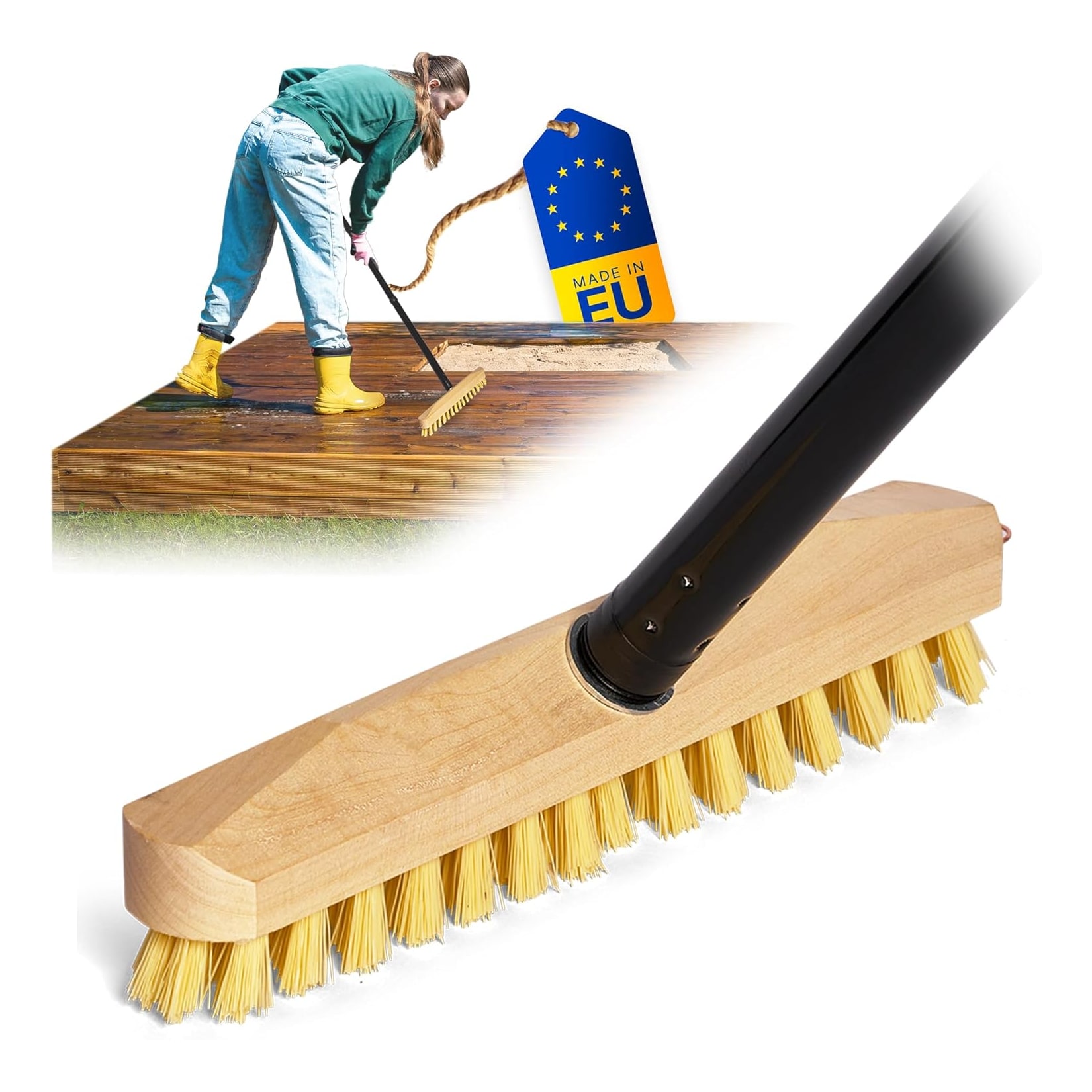 Schrubber aus Holz mit Borsten Wischer mit Gewinde und Steckstiel vierteilig - Scheuerbürste PPN Boden-Bürste Ideal für Reinigung von Balkon Terrasse Garten Innen- Außenbereich