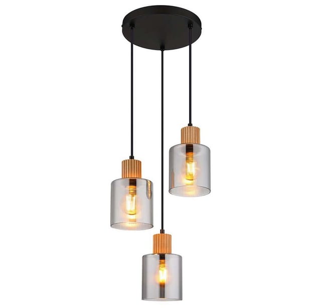Pendelleuchte Hängelampe Esszimmerleuchte Holz Rauchglas Schwarz E27 3-flammig