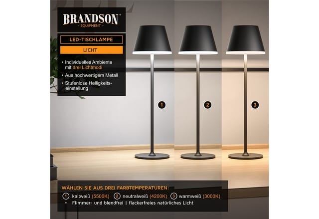 Brandson 2x LED Tischleuchte mit Akku, kabellos, Touch-Dimmer, 3 Lichtmodi, Metall, Schreibtisch- & Nachttischlampe, schwarz