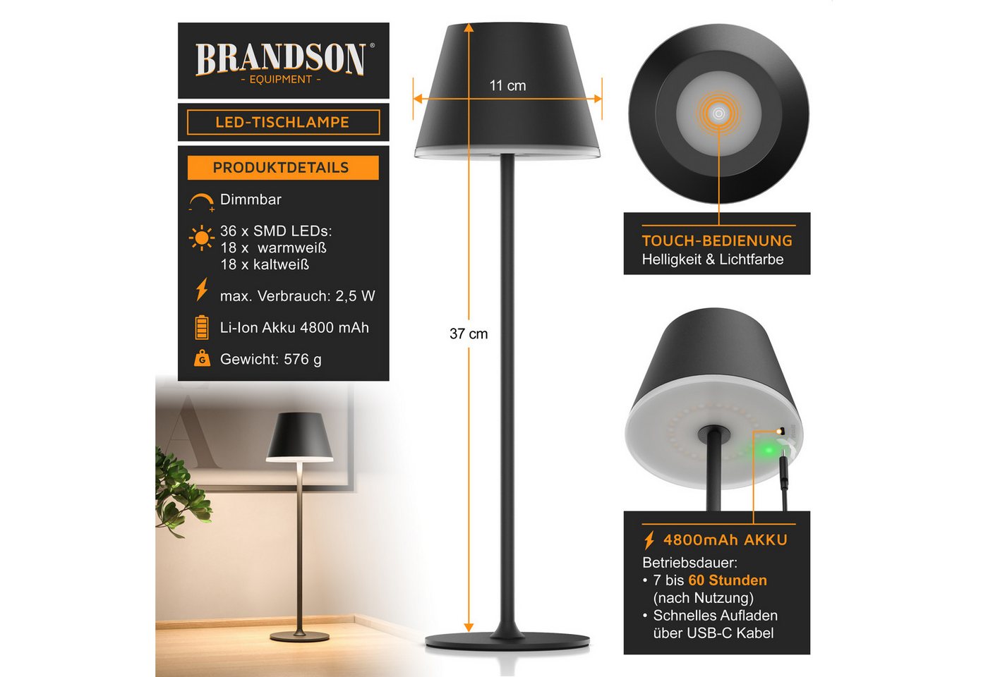 Brandson 2x LED Tischleuchte mit Akku, kabellos, Touch-Dimmer, 3 Lichtmodi, Metall, Schreibtisch- & Nachttischlampe, schwarz Bild 2