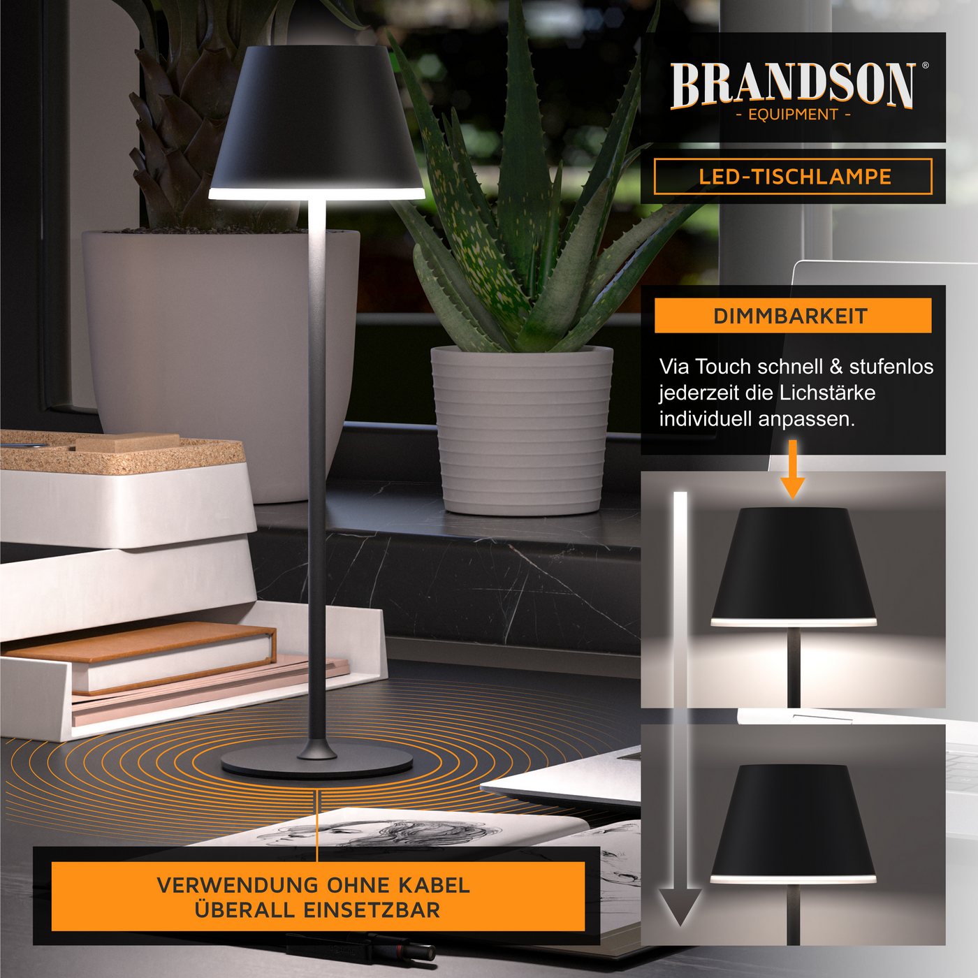 Brandson 2x LED Tischleuchte mit Akku, kabellos, Touch-Dimmer, 3 Lichtmodi, Metall, Schreibtisch- & Nachttischlampe, schwarz Bild 5