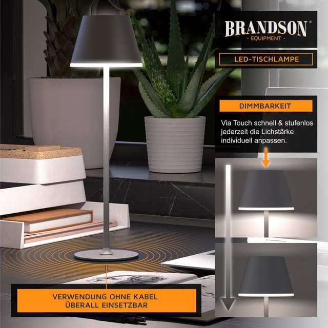 Brandson 2x LED Tischleuchte mit Akku, kabellos, Touch-Dimmer, 3 Lichtmodi, Metall, Schreibtisch- & Nachttischlampe, anthrazit