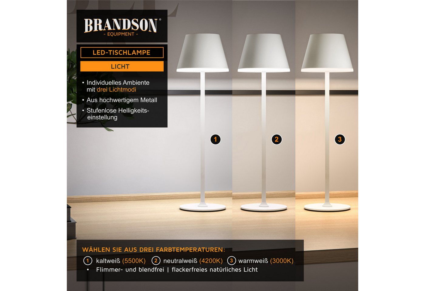 Brandson 2x LED Tischleuchte mit Akku, kabellos, Touch-Dimmer, 3 Lichtmodi, Metall, Schreibtisch- & Nachttischlampe, anthrazit Bild 2