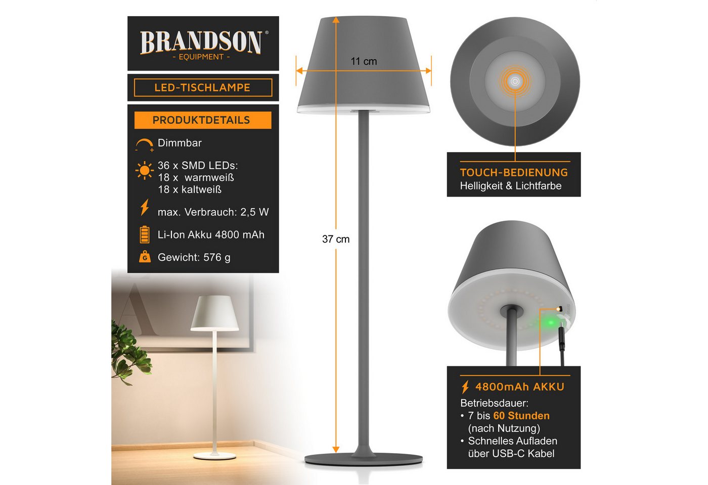 Brandson 2x LED Tischleuchte mit Akku, kabellos, Touch-Dimmer, 3 Lichtmodi, Metall, Schreibtisch- & Nachttischlampe, anthrazit Bild 3