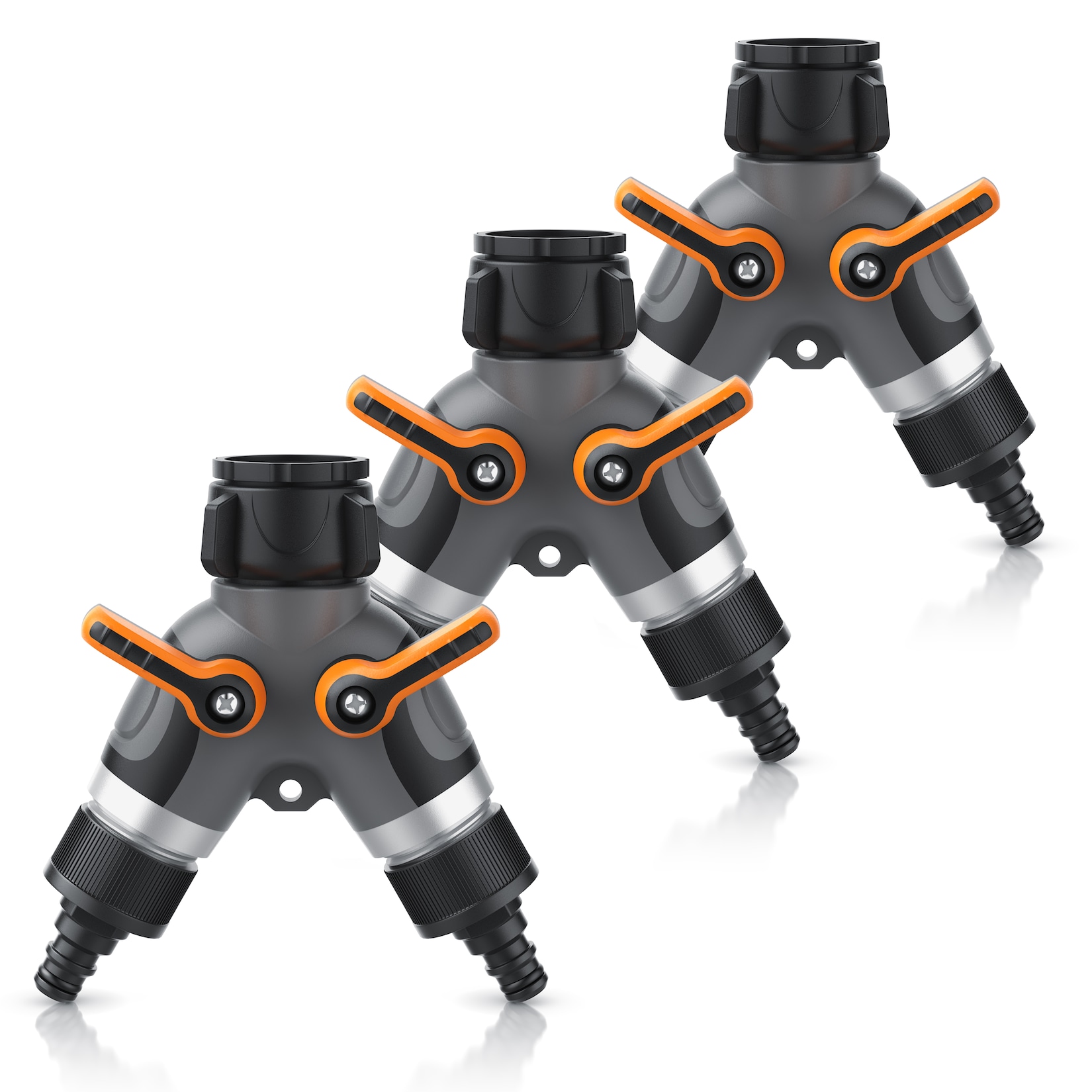 Brandson 3x 2-Wege Verteiler für Gartenschlauch, 3/4 Zoll Wasserverteiler mit 2 regulierbaren Ausgängen, schwarz/orange