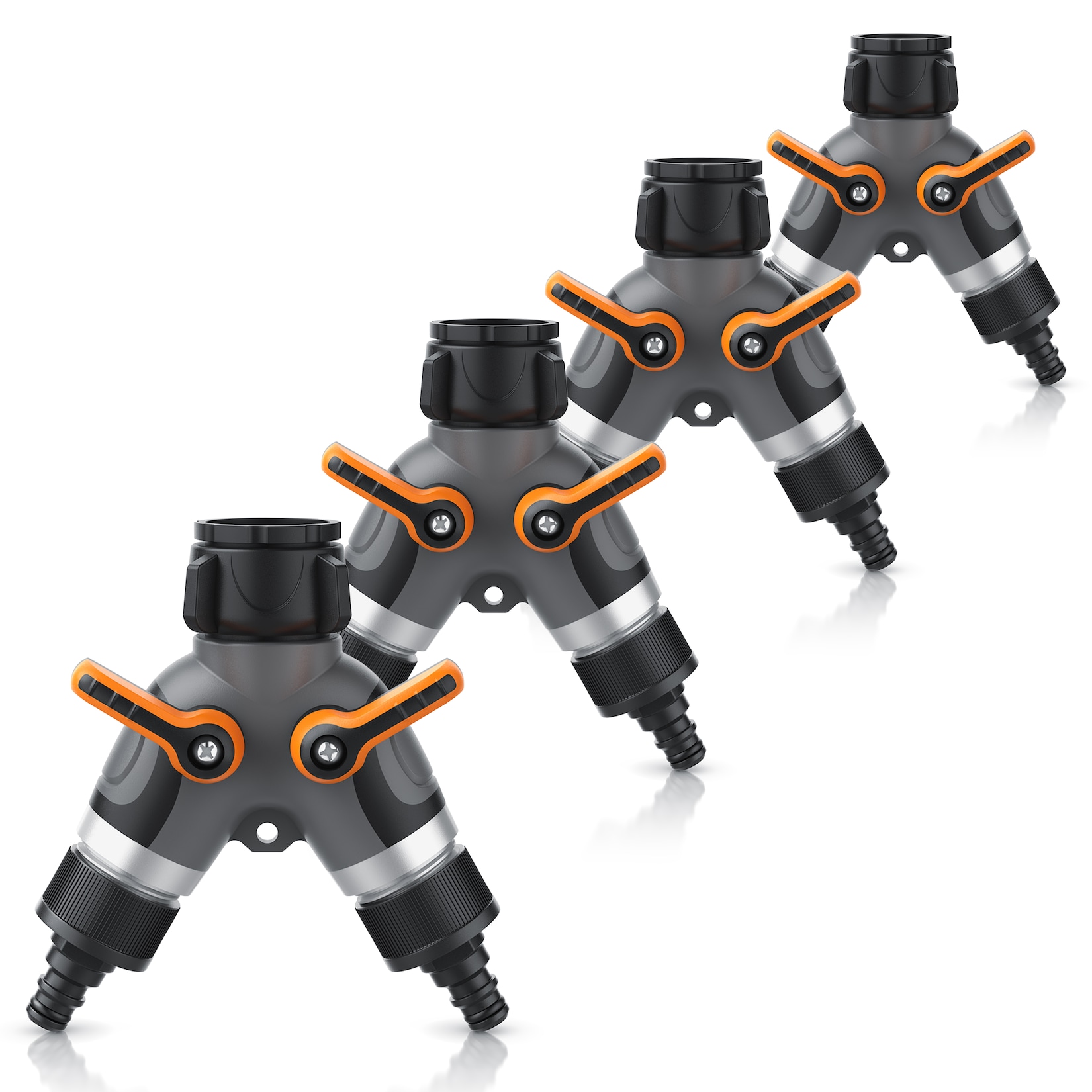 Brandson 4x 2-Wege Verteiler für Gartenschlauch, 3/4 Zoll Wasserverteiler mit 2 regulierbaren Ausgängen, schwarz/orange