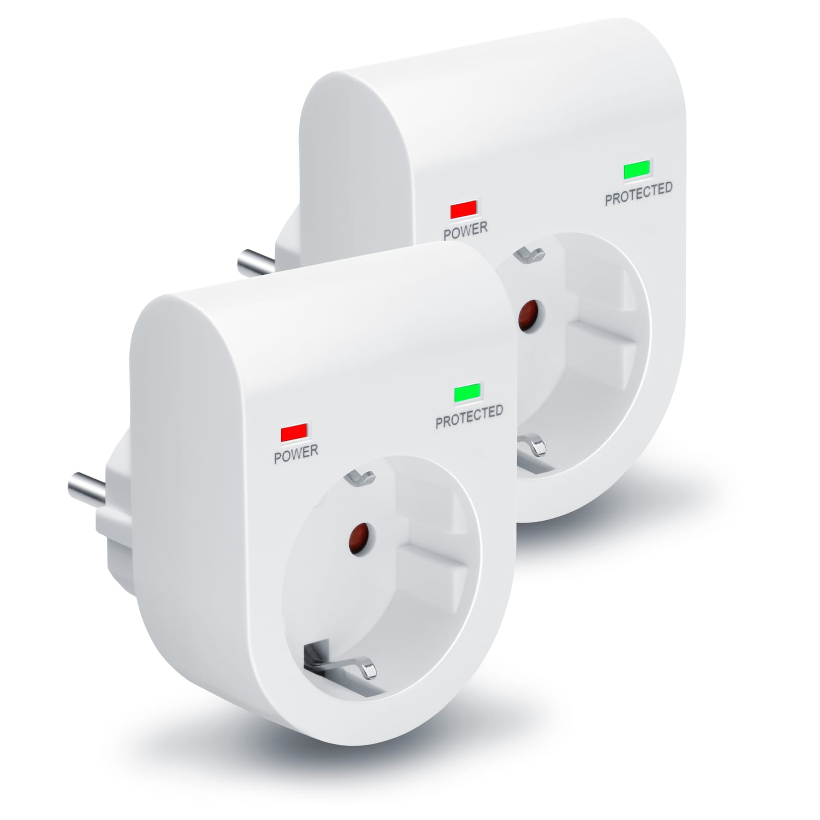Arendo Überspannungsschutzadapter, 2er-Set Steckdosenadapter, 3500 W, 16 A, 230 V, IP20, Schutzkontakt, POWER/PROTECTED-Funktionsanzeige