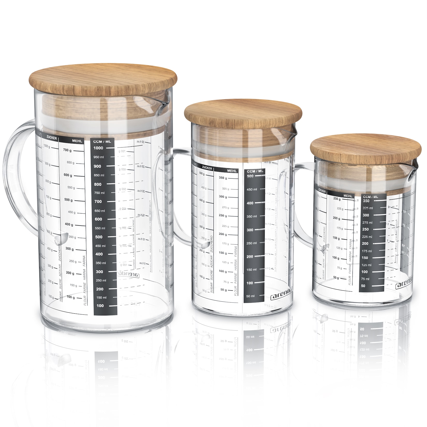 Arendo Messbecher-Set aus Borosilikatglas, 3 Messkrüge mit Bambusdeckeln, Silikondichtung, Messskala und Griffen, transparent