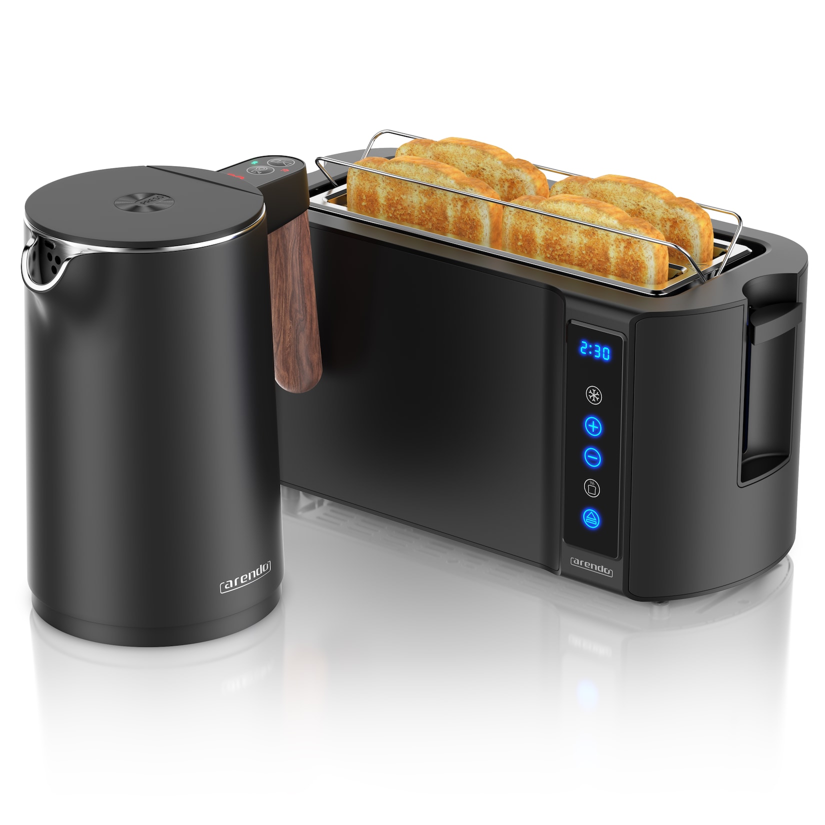Arendo Frühstücks-Set mit Wasserkocher 1,5 l und 4-Scheiben-Langschlitztoaster, Temperaturwahl, Touchpanel und Brötchenaufsatz