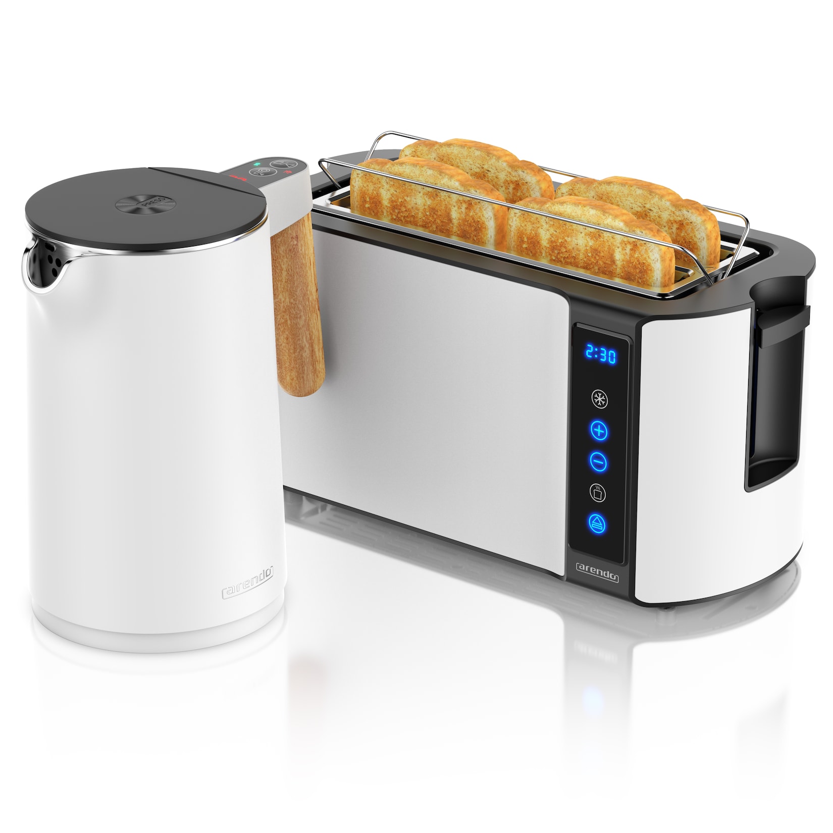 Arendo Frühstücks-Set mit Wasserkocher 1,5 l und 4-Scheiben-Langschlitztoaster, Temperaturwahl, Touchpanel, Brötchenaufsatz, weiß