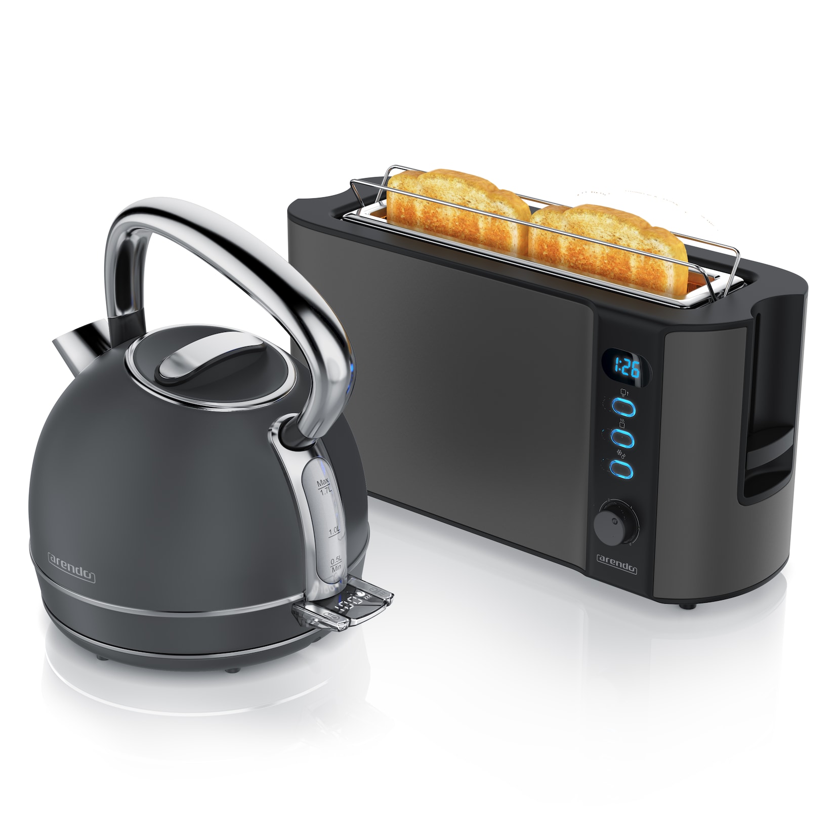 Arendo Frühstücks-Set Edelstahl Wasserkocher 1,7l, 2-Scheiben Langschlitz Toaster, Cool Grey (2-tlg), Vintage Wasserkocher Temperatureinstellung