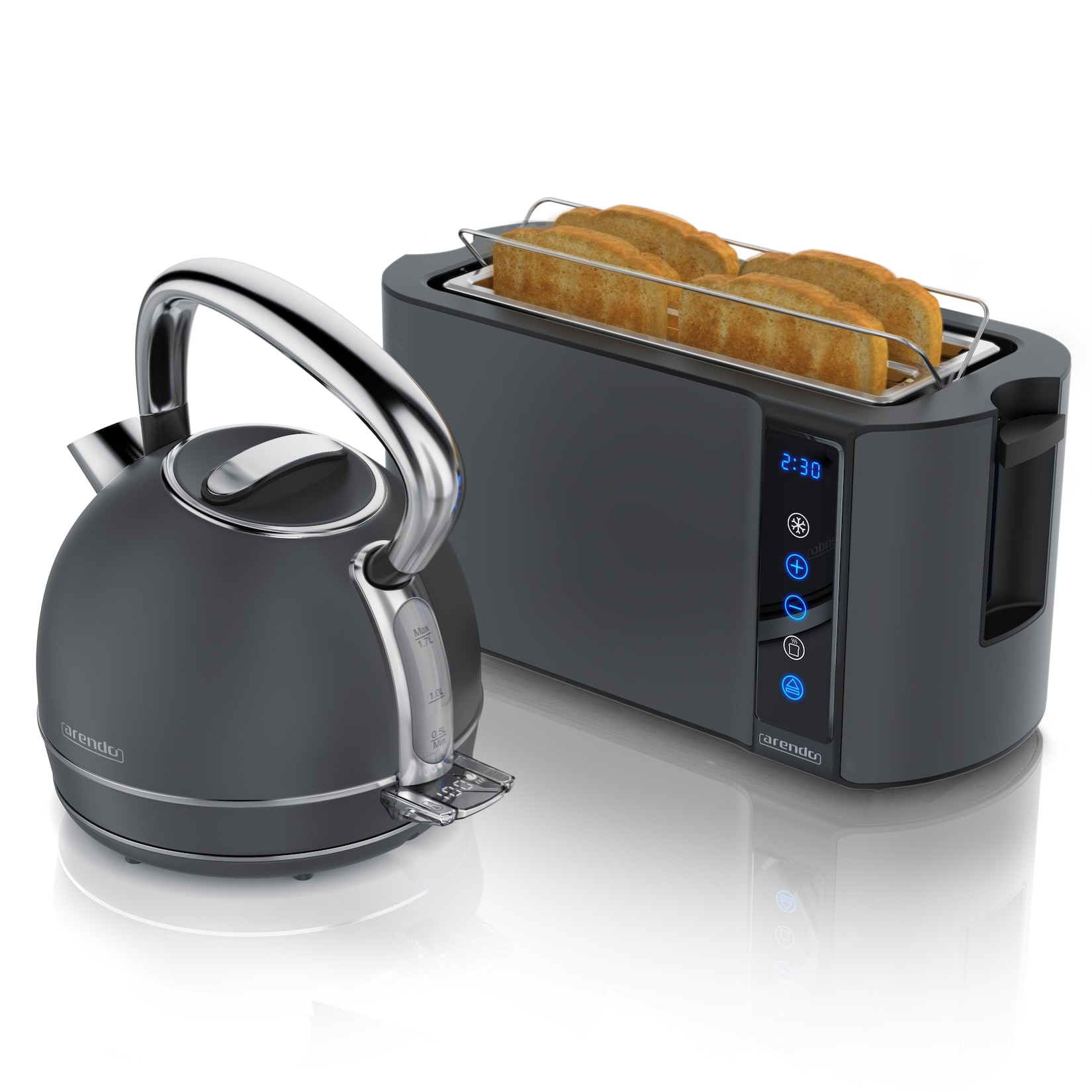 Arendo Frühstücks-Set Edelstahl Wasserkocher 1,7l, 4-Scheiben Langschlitz Toaster, Cool Grey (2-tlg), Wasserkocher Temperatureinstellung
