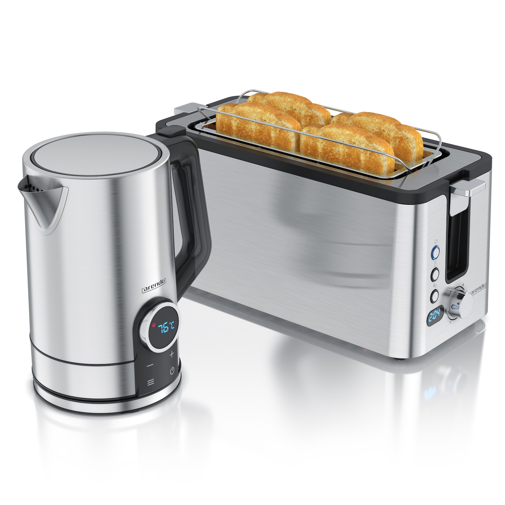 Arendo Frühstücks-Set mit Wasserkocher 1,7 l und 4-Scheiben-Langschlitztoaster, Temperaturwahl, Restzeitanzeige und Brötchenaufsatz