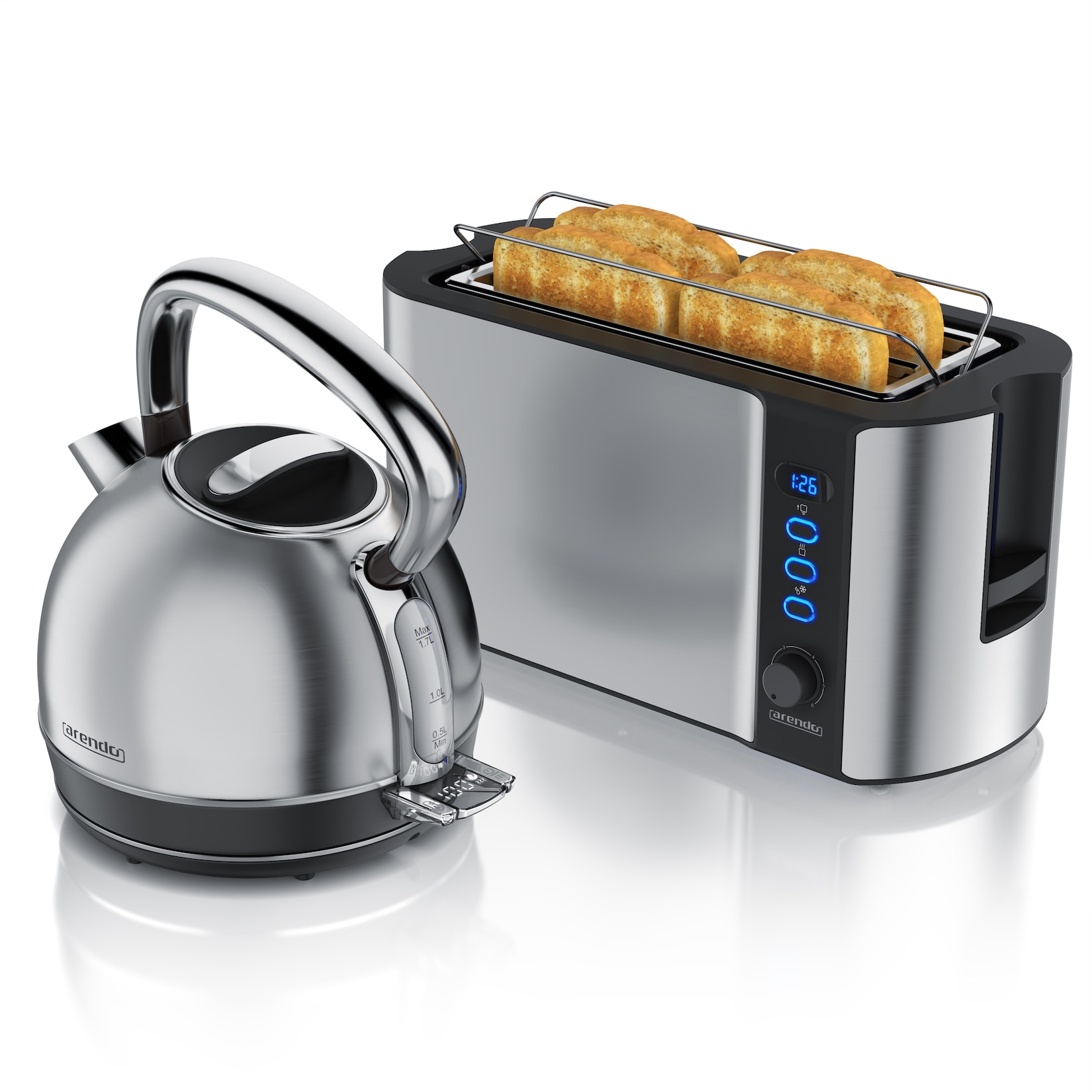 Arendo Frühstücks-Set Edelstahl Wasserkocher 1,7l, 4-Scheiben Langschlitz Toaster, silber (2-tlg), Vintage Wasserkocher Temperatureinstellung