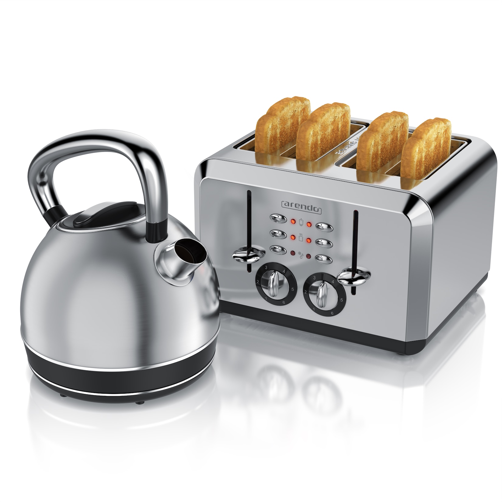 Arendo Frühstücks-Set Edelstahl Wasserkocher 1,7l, 4-Scheiben Kurzschlitz Toaster, silber (2-tlg), Frühstücksset, Wasserkocher Retro, Toaster Vintage