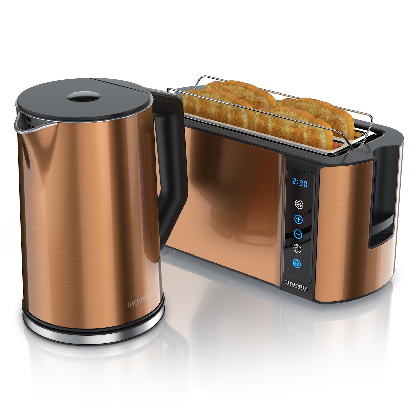 Arendo Frühstücks-Set Edelstahl Wasserkocher 1,5l, 4-Scheiben Langschlitz Toaster, kupfer (2-tlg), Wasserkocher mit Temperatureinstellung