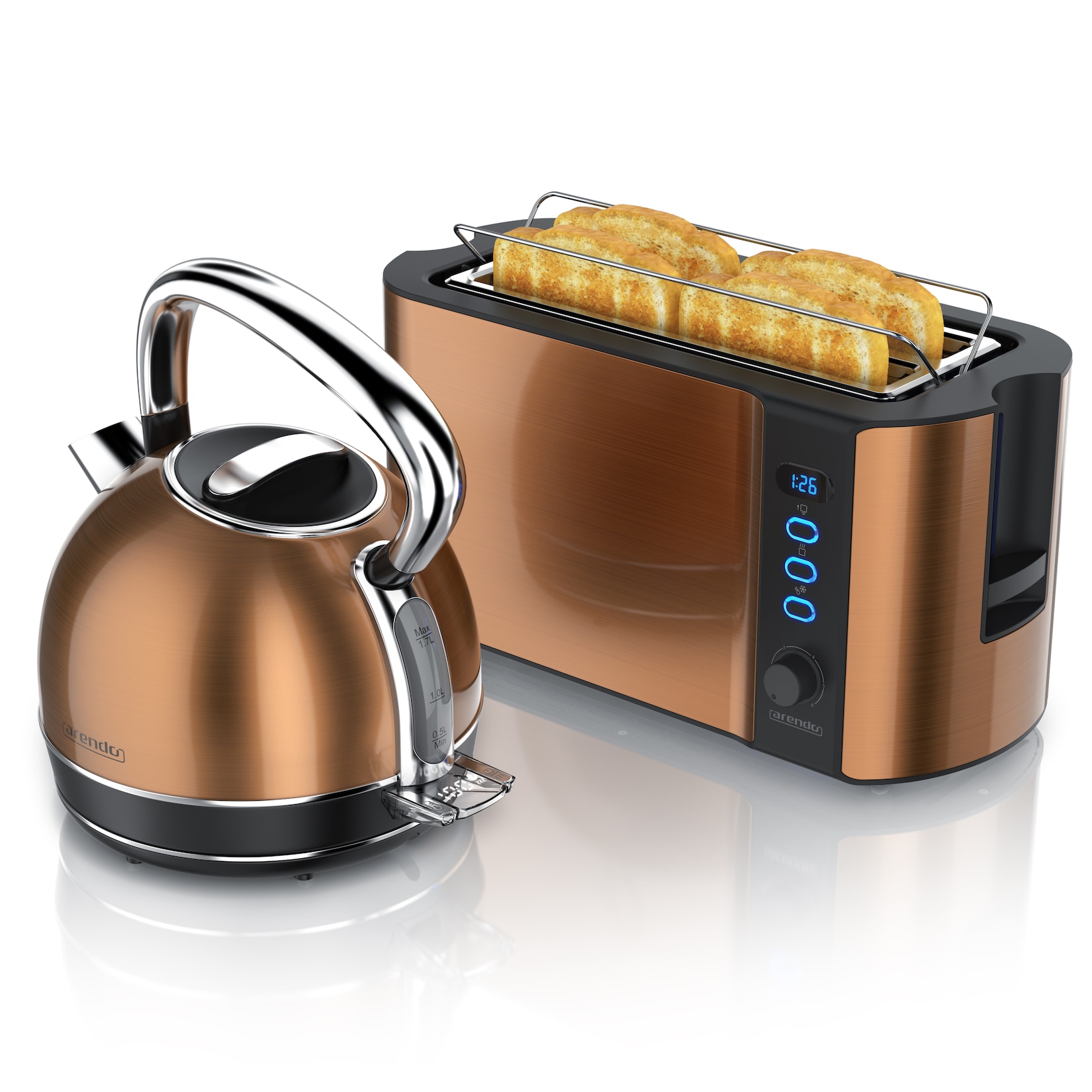 Arendo Frühstücks-Set Edelstahl Wasserkocher 1,7l, 4-Scheiben Langschlitz Toaster, kupfer (2-tlg), Vintage Wasserkocher Temperatureinstellung