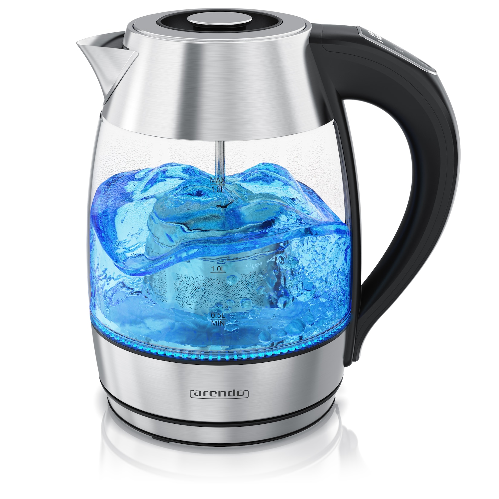 Arendo Glas-Wasserkocher 1,8 l, 2200 W, absenkbares Edelstahl-Teesieb, Temperaturwahl 40 bis 100 °C, LED-Licht und Warmhaltefunktion
