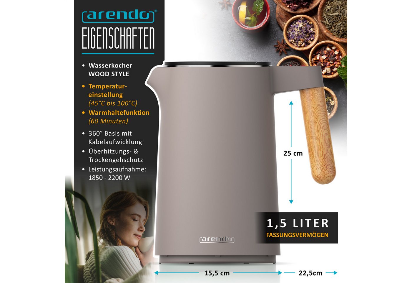 Arendo Edelstahl-Wasserkocher 1,5 l, 2200 W, Doppelwand, Temperaturwahl, Warmhaltefunktion und Griff in Holzoptik, taupe Bild 2
