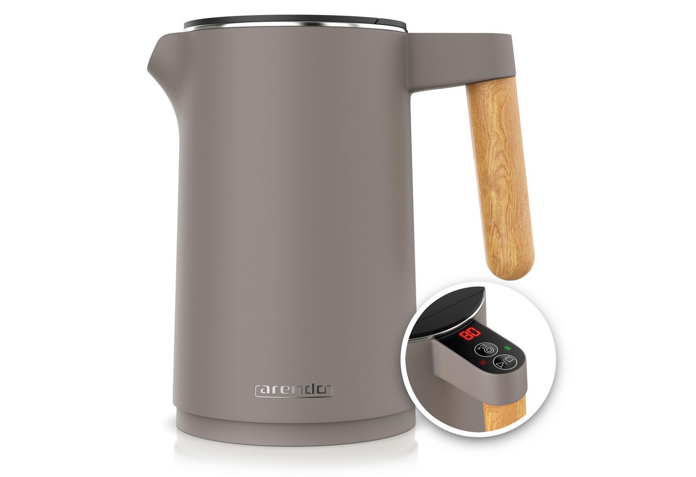 Arendo Edelstahl-Wasserkocher 1,5 l, 2200 W, Doppelwand, Temperaturwahl, Warmhaltefunktion und Griff in Holzoptik, taupe Bild 3