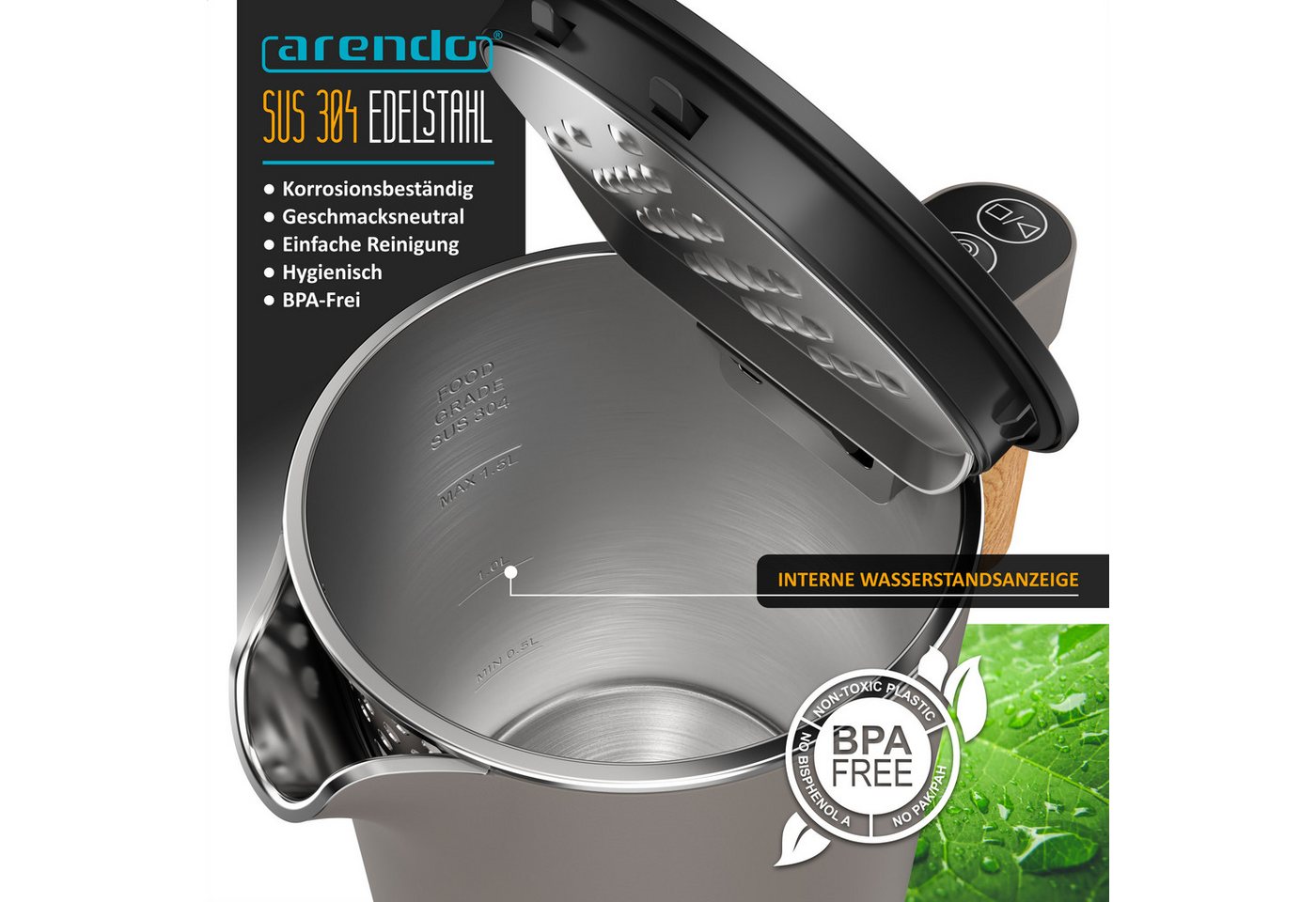 Arendo Edelstahl-Wasserkocher 1,5 l, 2200 W, Doppelwand, Temperaturwahl, Warmhaltefunktion und Griff in Holzoptik, taupe Bild 4