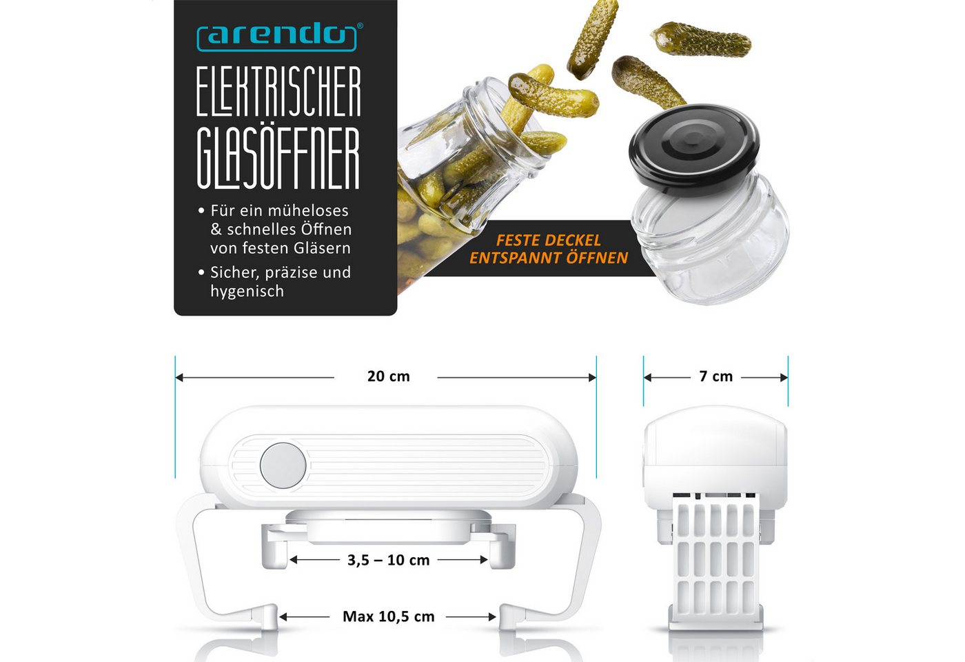 Arendo elektrischer Glasöffner, automatischer Schraubdeckelöffner für versiegelte Gläser, freihändige Bedienung, Deckel 3,5 bis 10 cm Bild 2