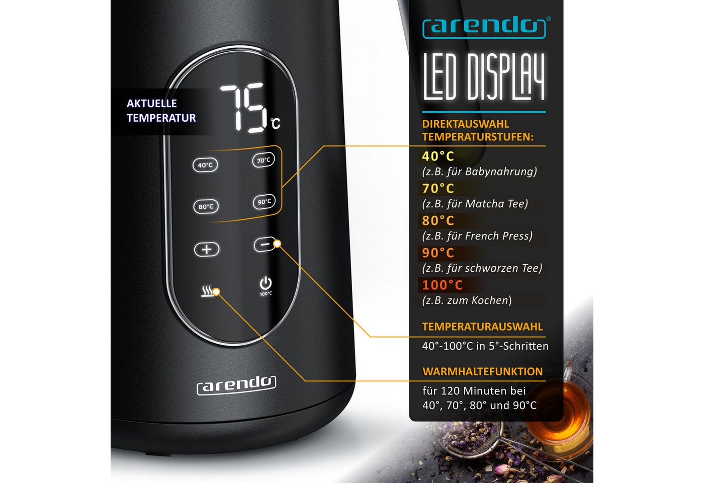 Arendo Wasserkocher 1,7 l, 2200 W, Temperaturwahl 40 bis 100 °C, LED-Temperaturanzeige, Doppelwand und Warmhaltefunktion, schwarz