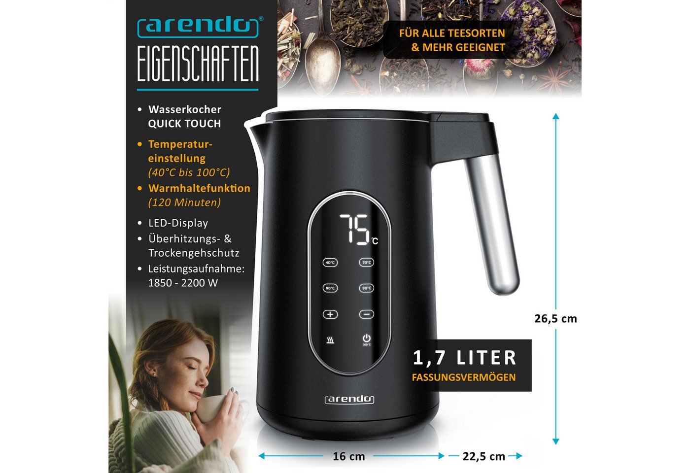 Arendo Wasserkocher 1,7 l, 2200 W, Temperaturwahl 40 bis 100 °C, LED-Temperaturanzeige, Doppelwand und Warmhaltefunktion, schwarz Bild 4