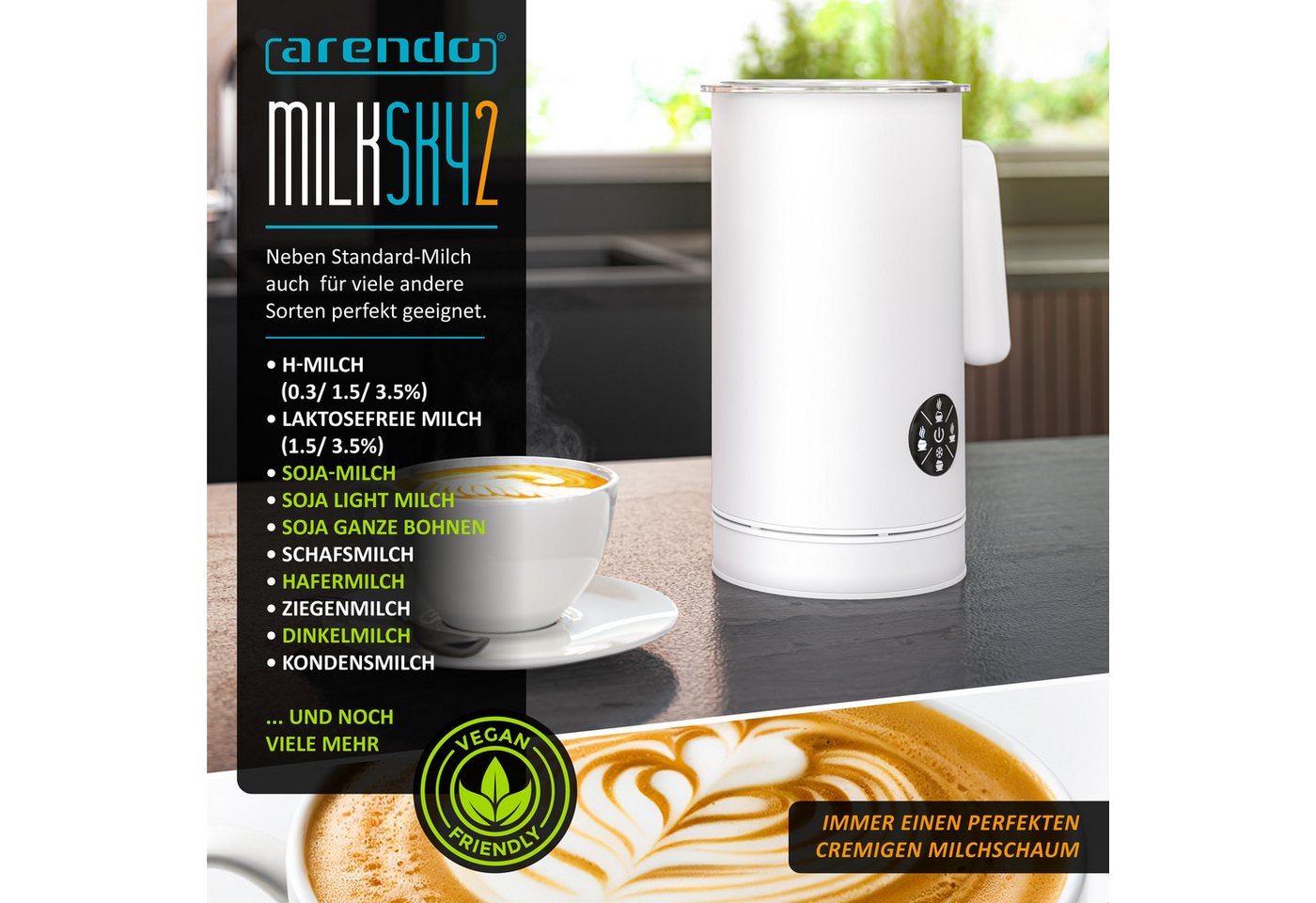 Arendo Milchaufschäumer mit 4 Programmen, 500 W, für warmen und kalten Schaum, bis 150 ml Aufschäumen oder 300 ml Erwärmen, weiß Bild 3