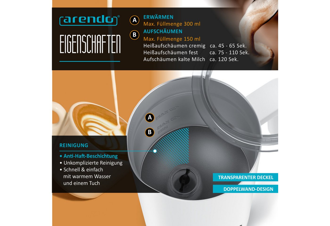 Arendo Milchaufschäumer mit 4 Programmen, 500 W, für warmen und kalten Schaum, bis 150 ml Aufschäumen oder 300 ml Erwärmen, weiß Bild 4