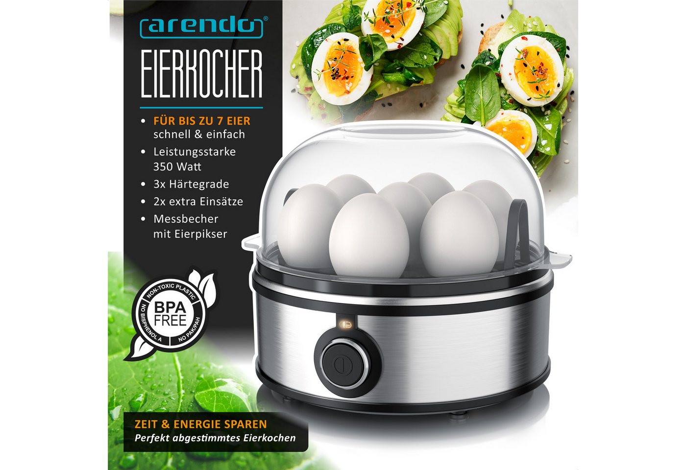 Arendo Eierkocher für bis zu 7 Eier, 350 W, 3 Härtegrade, Einsätze für pochierte Eier und Omelett, Signalton, edelstahlfarben Bild 5