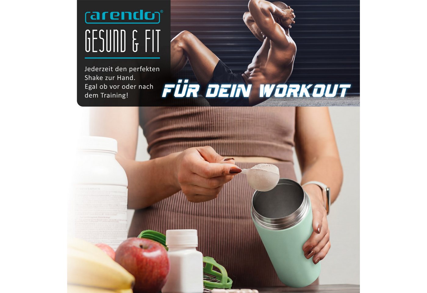 Arendo Protein Shaker, Edelstahl Eiweißshaker 750 ml, verschließbar, bruchfest, BPA-frei, mintgrün Bild 2