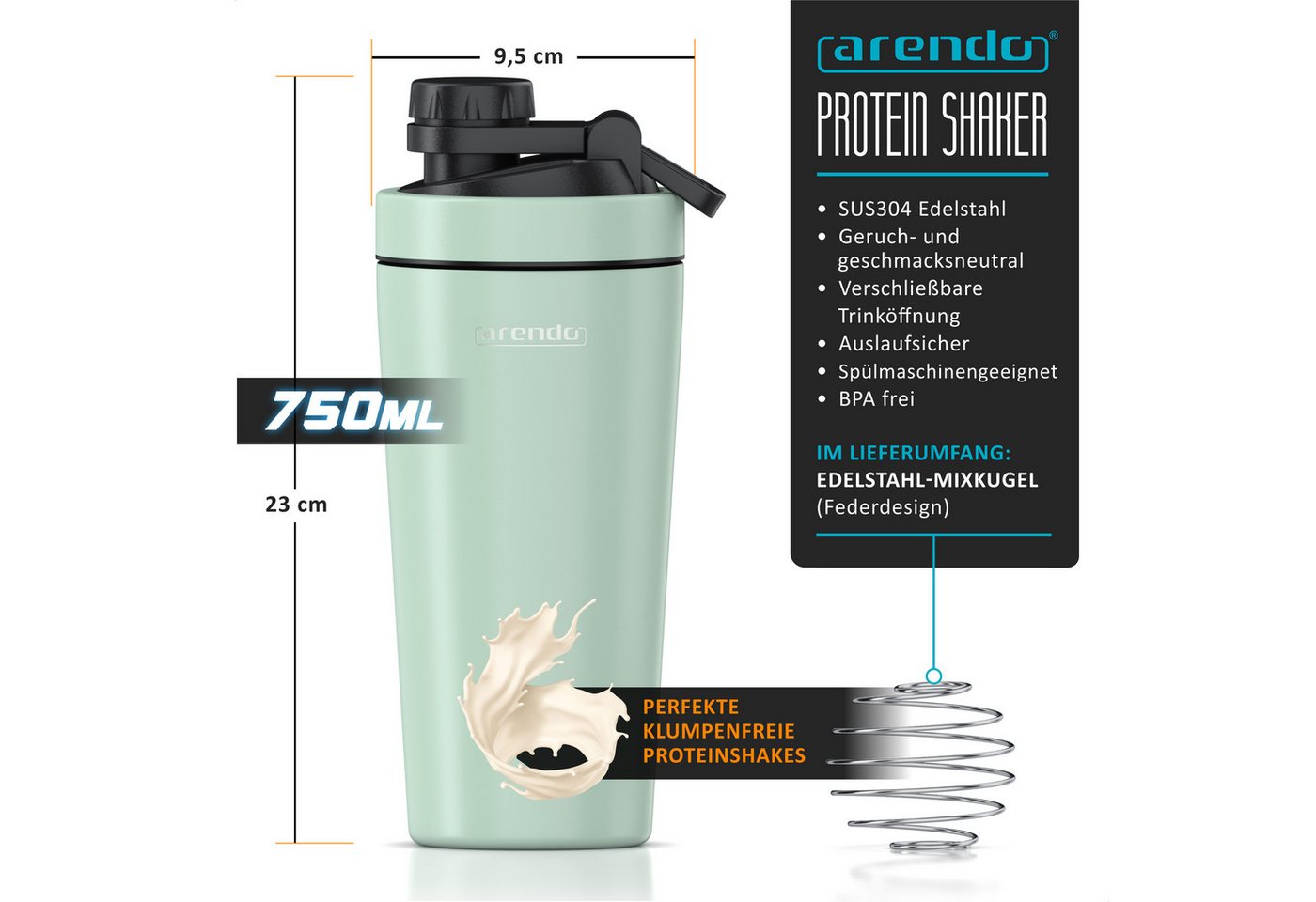 Arendo Protein Shaker, Edelstahl Eiweißshaker 750 ml, verschließbar, bruchfest, BPA-frei, mintgrün Bild 3