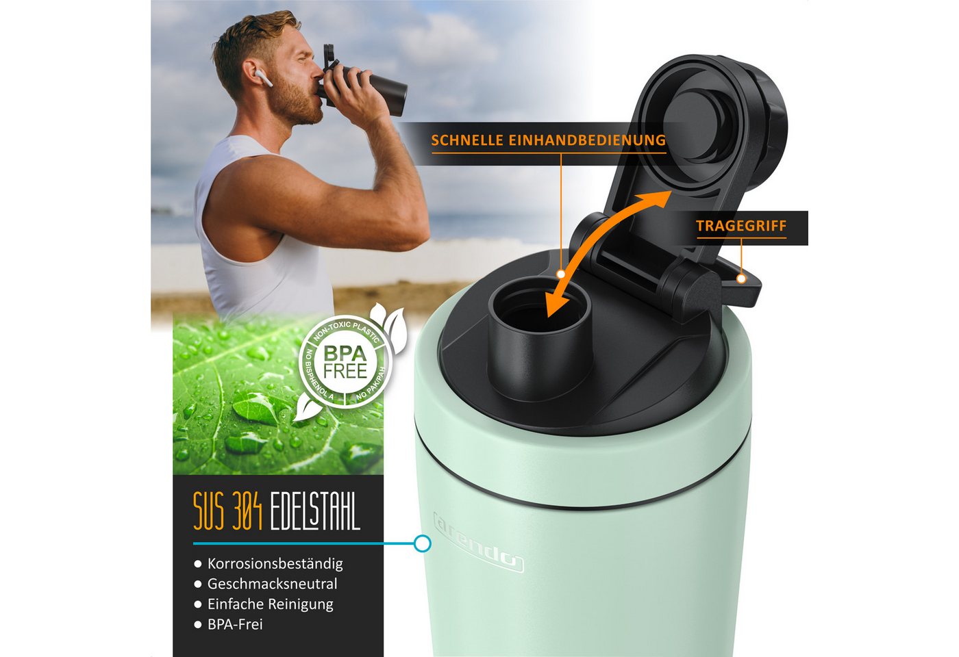 Arendo Protein Shaker, Edelstahl Eiweißshaker 750 ml, verschließbar, bruchfest, BPA-frei, mintgrün Bild 4