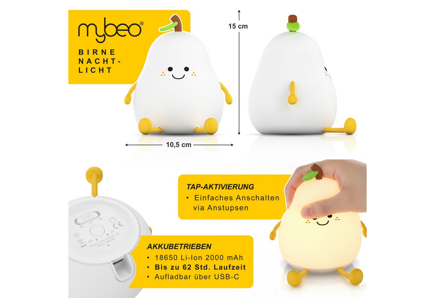 Mybeo LED Nachtlicht für Babys und Kinder, dimmbar, Nachtleuchte mit RGB Farbwechsel, Akku
