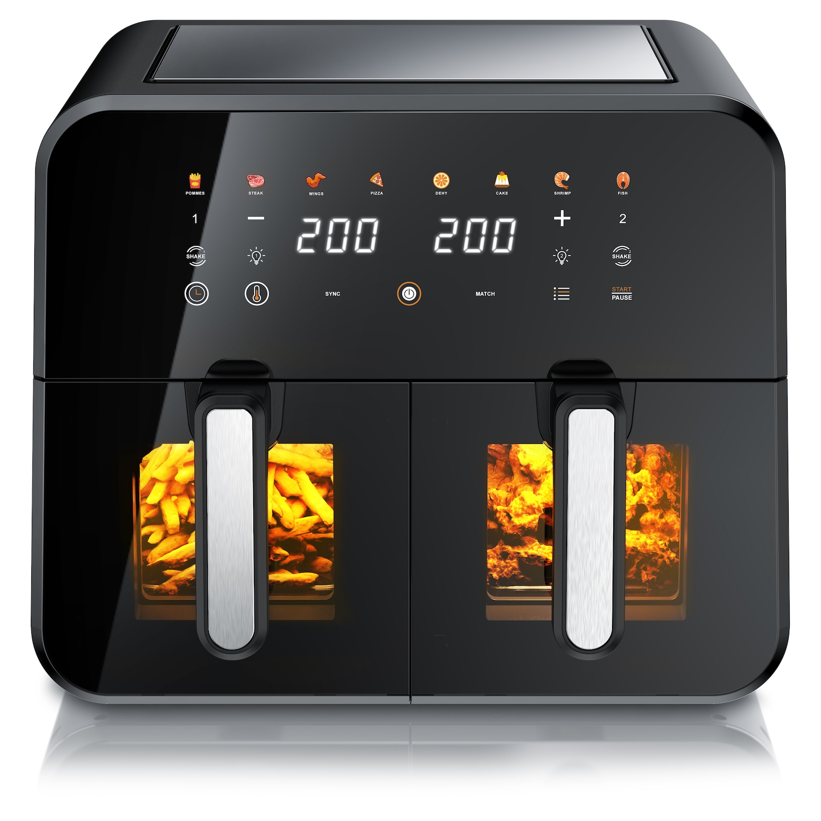 Arendo Heißluftfritteuse mit 2 Kammern Nebeneinander, XXL Doppelkammer Airfryer 11L, Dual Zone, 2600 W, mit Zubehör, Umluft Backofen, 80-200°C
