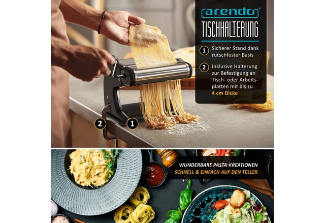 Arendo Nudelmaschine, Manueller Edelstahl Pasta Maker, Nudelpresse, 7 einstellbare Stärken, schwarz