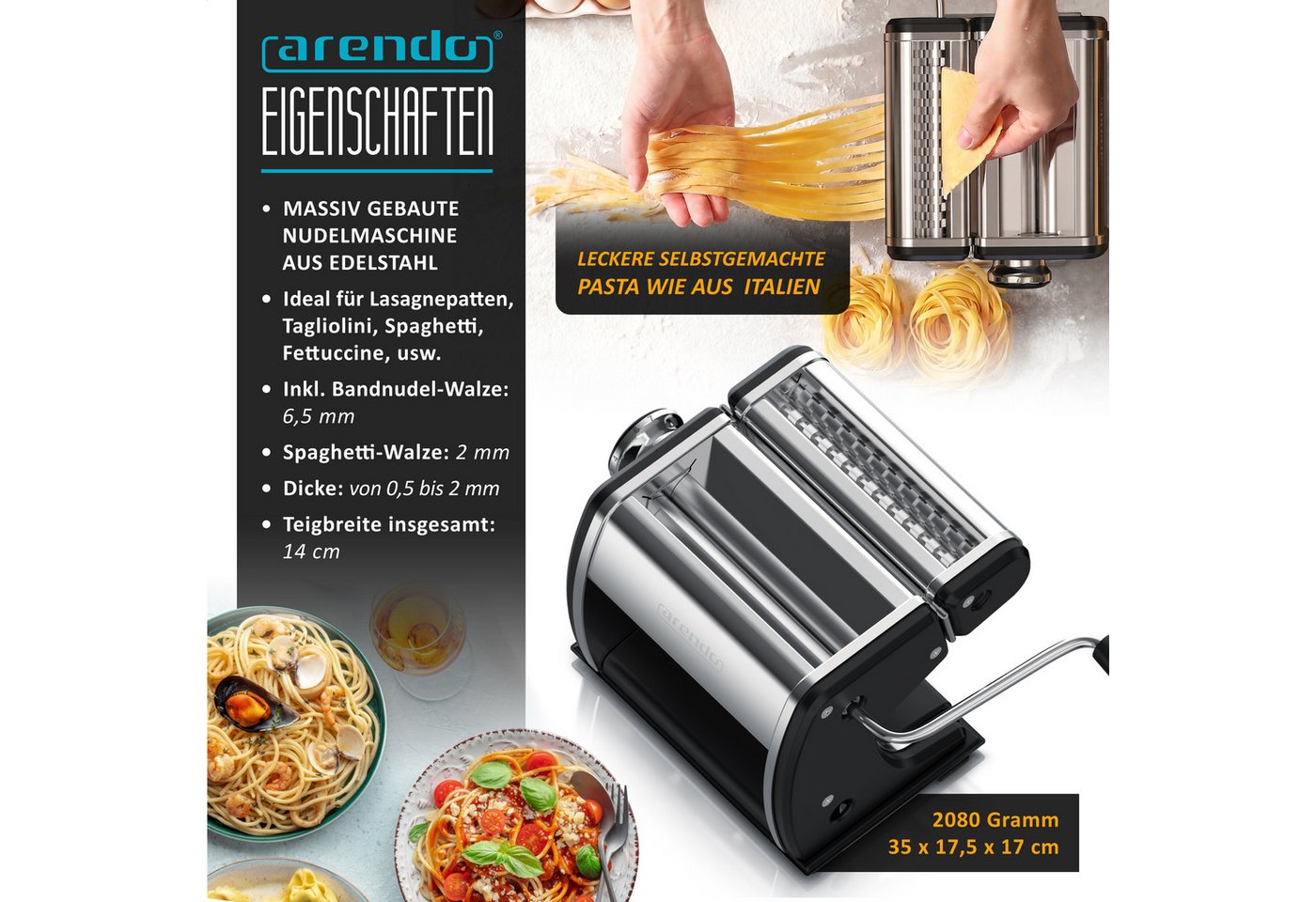Arendo Nudelmaschine, Manueller Edelstahl Pasta Maker, Nudelpresse, 7 einstellbare Stärken, schwarz Bild 5