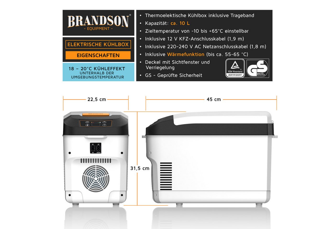 Brandson Elektrische Kühlbox, 10 L, Sichtfensterdeckel, Kühlt & hält Warm, von bis zu -10 bis +65°C, weiß Bild 2