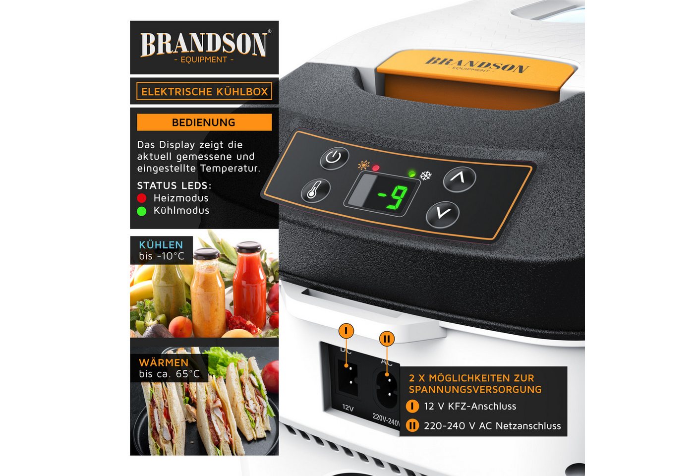 Brandson Elektrische Kühlbox, 10 L, Sichtfensterdeckel, Kühlt & hält Warm, von bis zu -10 bis +65°C, weiß Bild 3