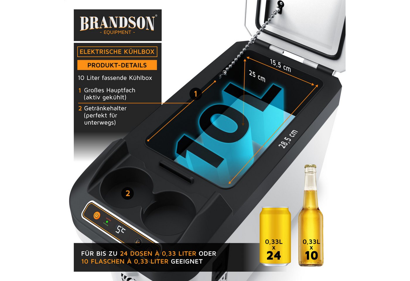 Brandson Elektrische Kühlbox, 10 L, Kühlt & hält Warm, von -10 bis +65°C, für die Mittelkonsole, weiß Bild 2
