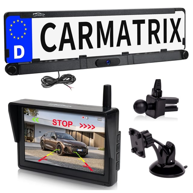 CARMATRIX HD Funk Rückfahrsystem mit 5" Monitor Kennzeichenhalter PDC Einparksensoren